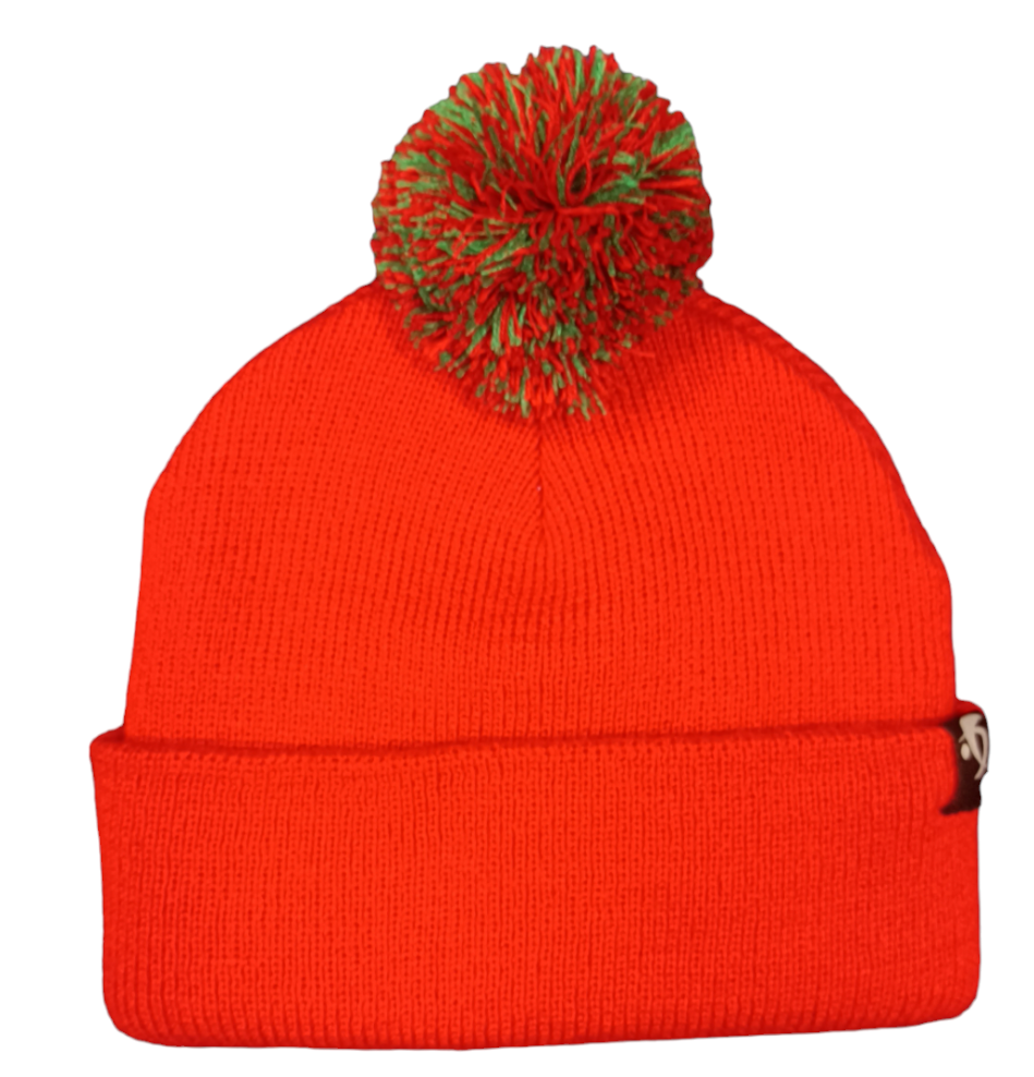 PREMIER SPORTS RED BOBBLE HAT - RED/GREEN BOBBLE