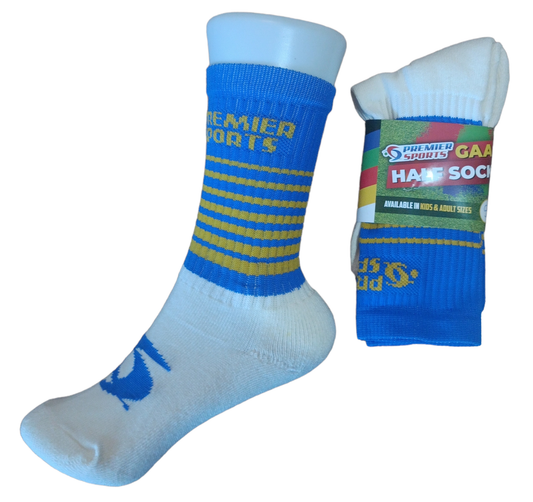 GAA HALF SOCKS - 5 PAIRS - BLUE/YELLOW WITH CREAM FOOT