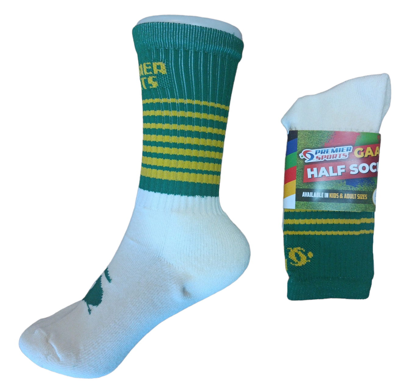 GAA HALF SOCKS - 5 PAIRS - GREEN/YELLOW WITH CREAM FOOT